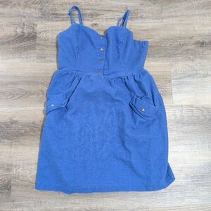 Blue Button-Front Mini Dress with Spaghetti Straps